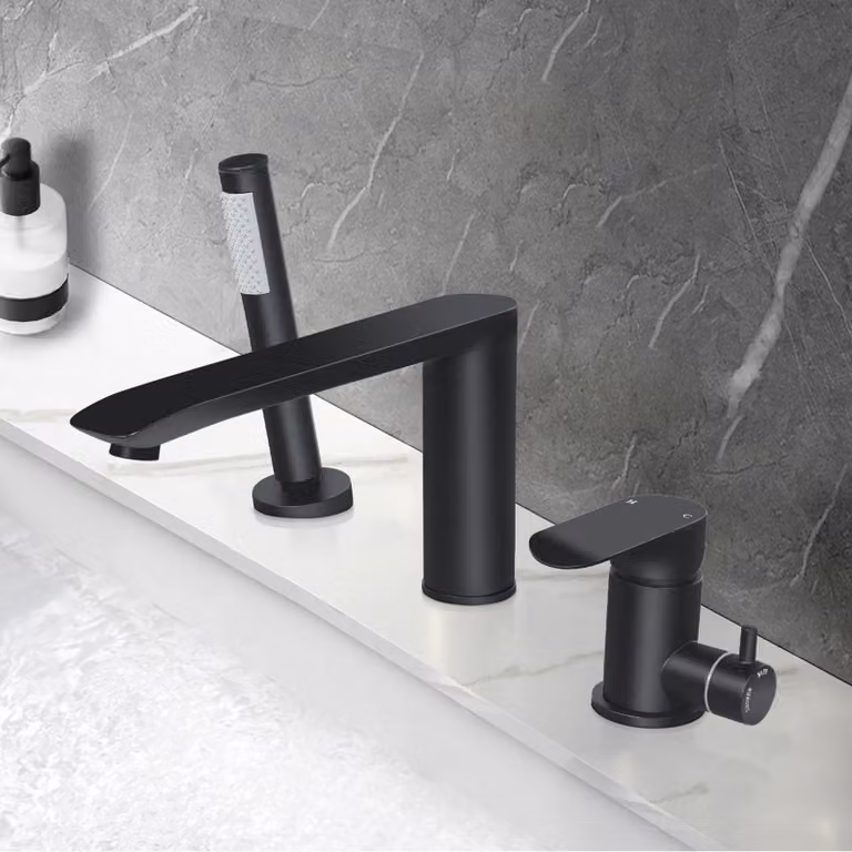 Miscelatore per lavabo a 3 fori con doccetta manuale, finitura nero opaco, in ottone