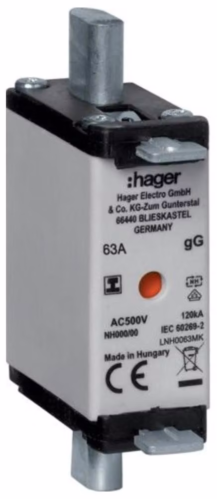 Fusibile NH NH000 gG 500V/63A con impugnatura isolata - Fusibile a lama di coltello NH000 63A LNH0063MK