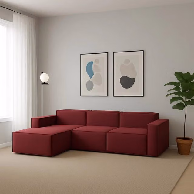 Divano componibile 3 posti Alganibra Talamo Italia con penisola sinistra, modello moderno in tessuto rosso con funzione letto e coperture rimovibili, L: 300 cm, P: 170 cm, H: 70 cm – 1