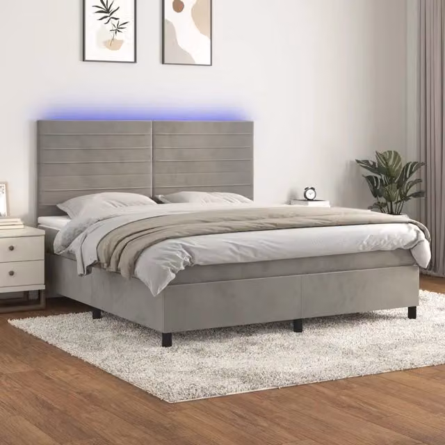 Letto matrimoniale con materasso ibrido vidaXL in velluto grigio chiaro con illuminazione LED e porta USB L/P/H: 180 x 200 x 203 cm