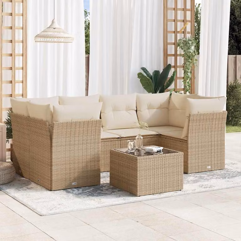 Set Divani da Giardino vidaXL 7 pz con Cuscini Beige e Tavolino in Vetro con Struttura in Acciaio e Polyrattan