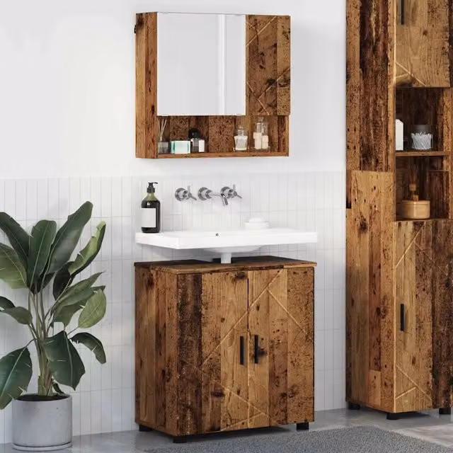 Set di mobili per il bagno vidaXL in stile industrial composto da mobile lavabo e armadietto con specchio, colore marrone, L: 61 cm, P: 35 cm, H: 64 cm