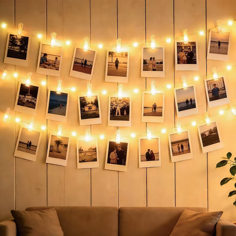 Catena luminosa a LED, 5 metri, 50 clip per foto, per interni, alimentata a batteria