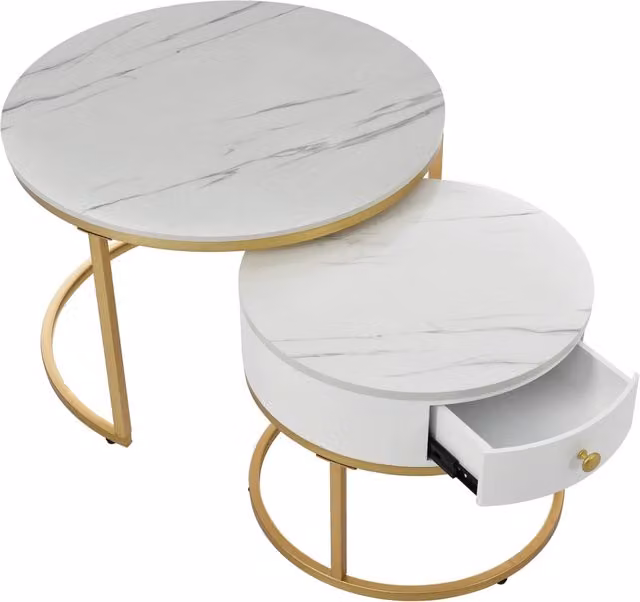 Set di 2 Tavolini Nesting Rotondi in MDF con Finitura Marmo Lucida, Struttura Metallica Dorata, Tavolini Salotto Moderni Salvaspazio