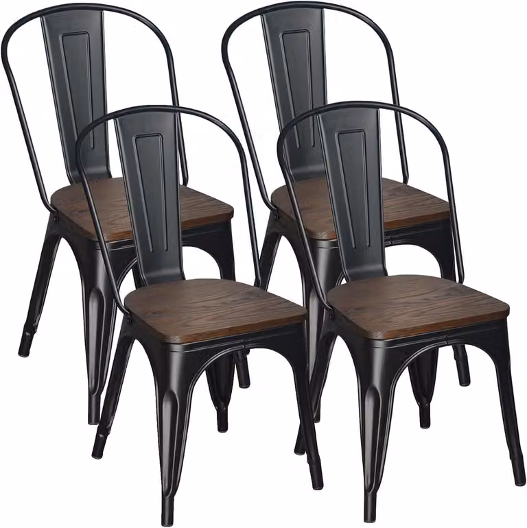 Set di 4 sedie da bistrot - Sedie da pranzo industriali nere in metallo e legno