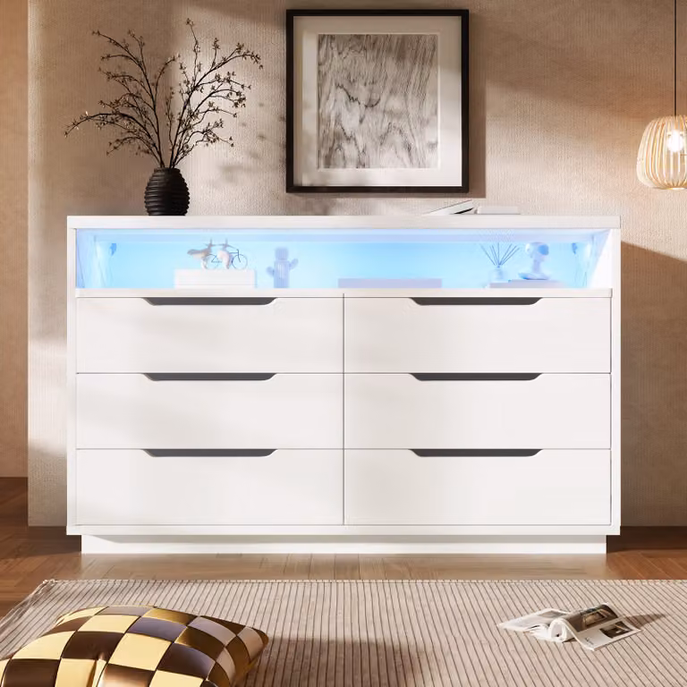 Credenza Flieks con 6 cassetti e vano a giorno, credenza per soggiorno con LED, 120x40x85cm, bianco