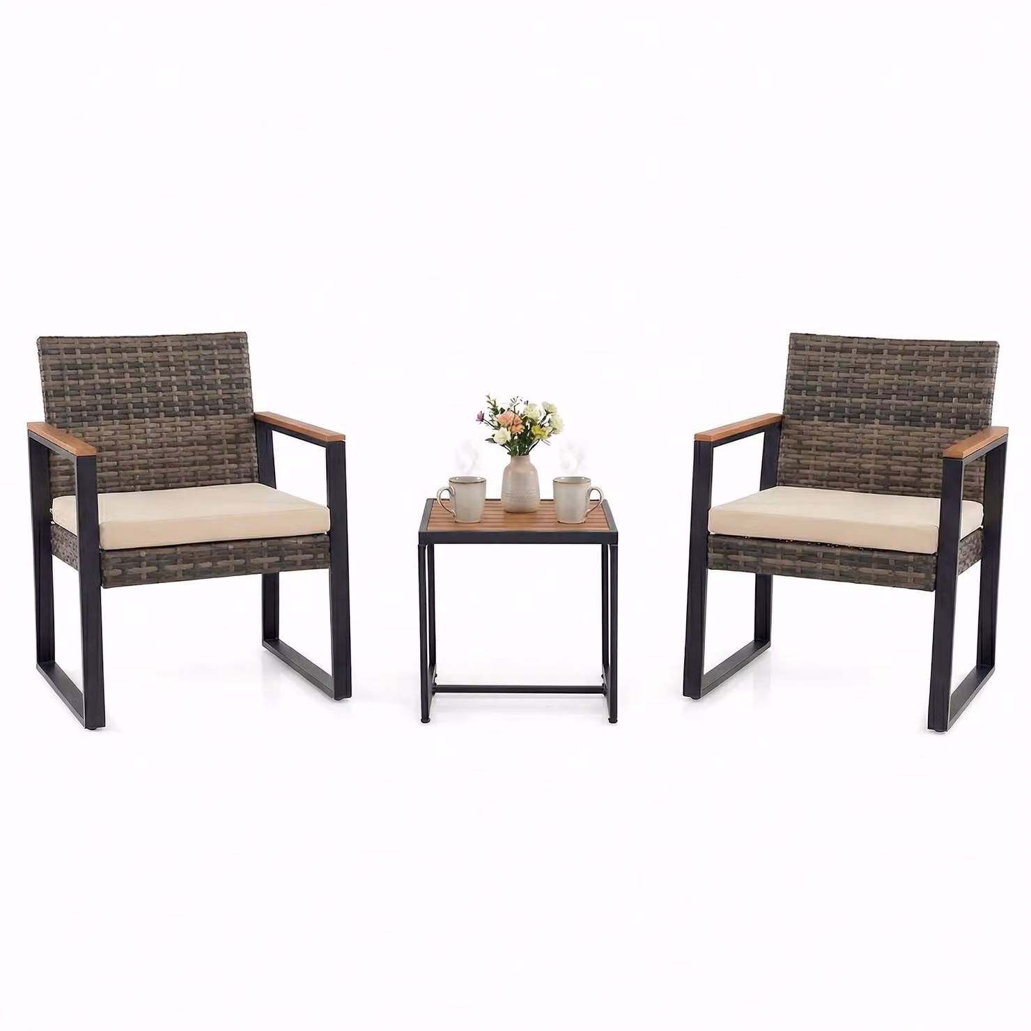 Set di mobili da giardino Costway in rattan beige composto da 3 pezzi con cuscini imbottiti per balcone o esterno