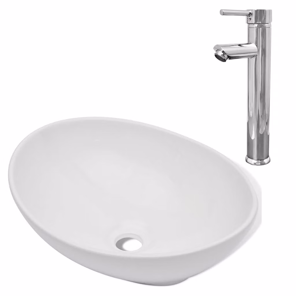 Lavello Bagno con Miscelatore in Vetroceramica Ovale Bianco