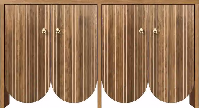 Credenza moderna GL Store con 4 ante per soggiorno e sala da pranzo, Colore beige e marrone, L: 147 cm, P: 40 cm, H: 80 cm