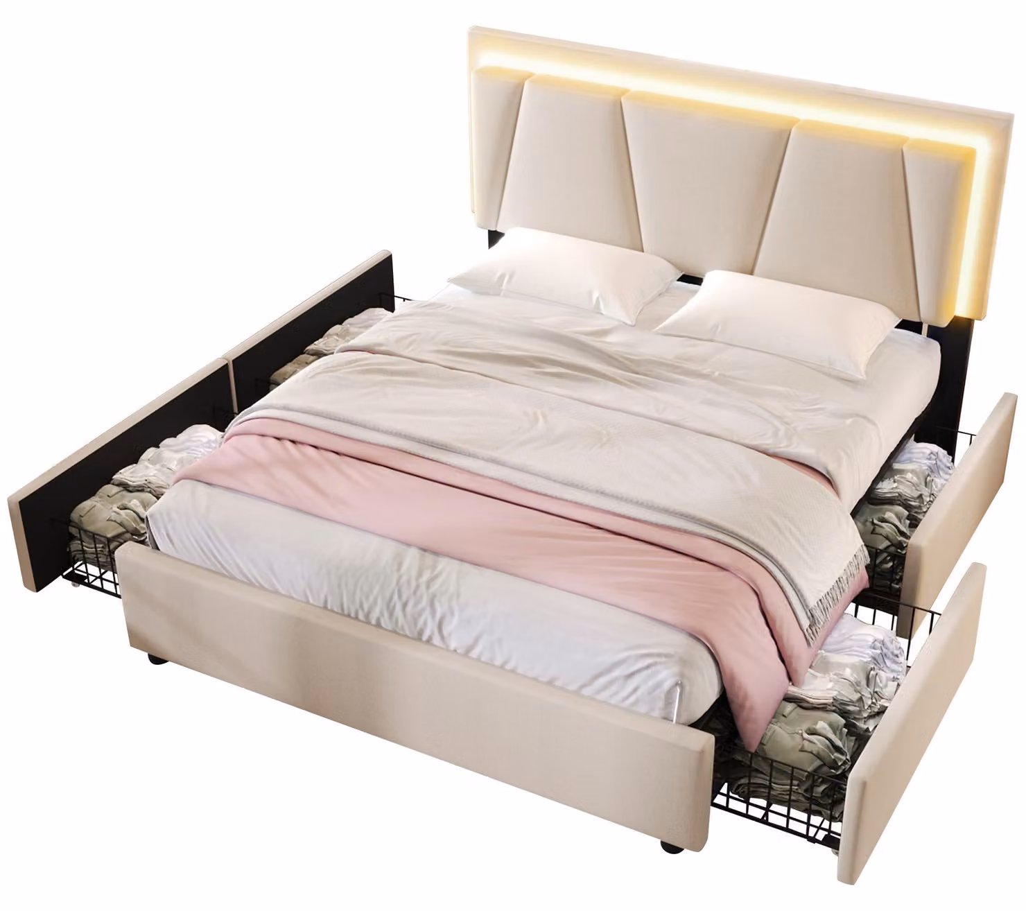Letto imbottito 160x200 cm, color beige, con illuminazione a LED, 4 cassetti, poggiatesta regolabile in altezza e rete a listelli in legno, ideale per la camera da letto