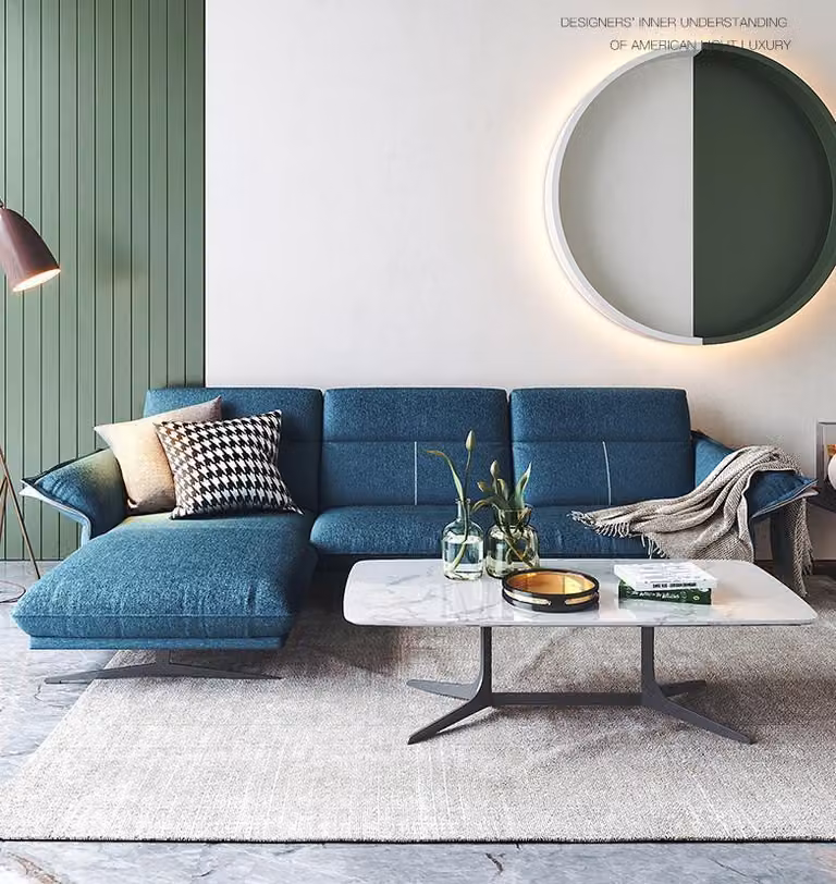 Stoff L-Form Couch Wohnlandschaft Ecksofa Garnitur Modern Design Blaues Sofa