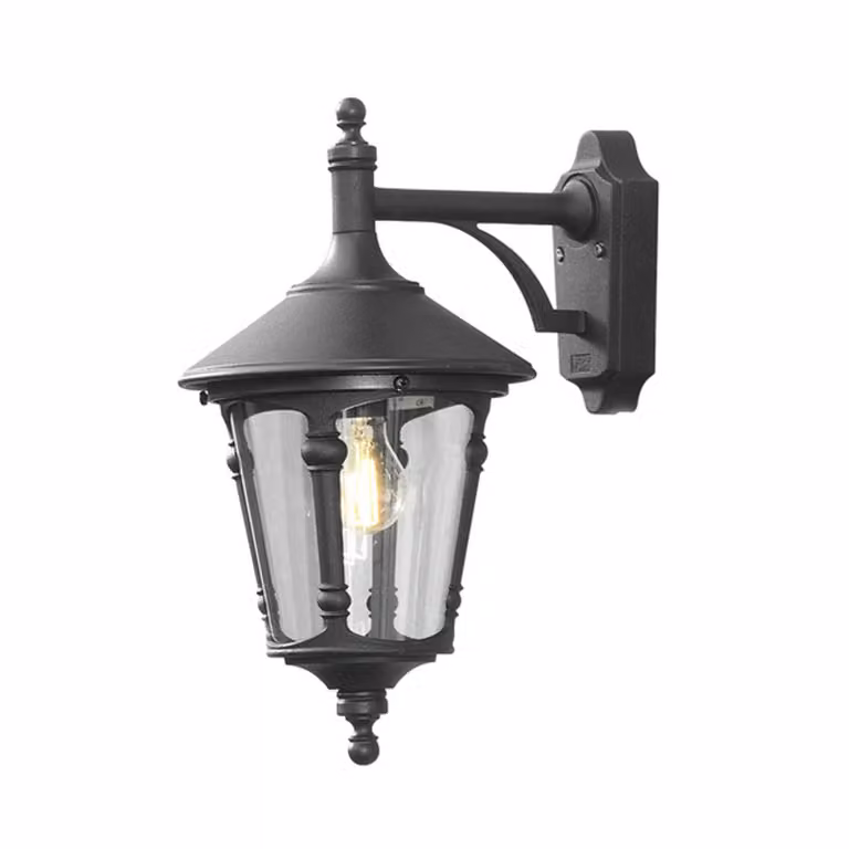 Applique Konstsmide Virgo in alluminio laccato nero con vetro acrilico color fumo. Vetro acrilico