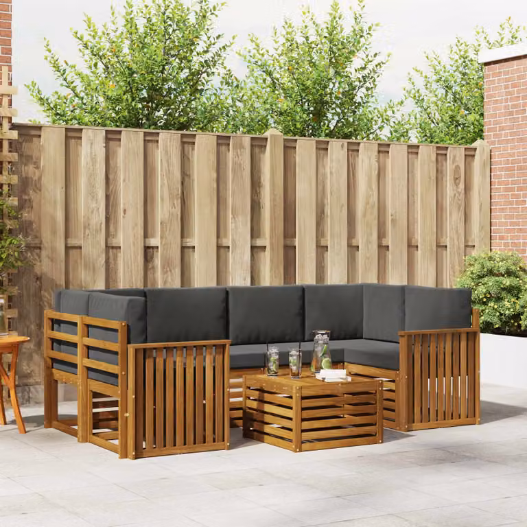 Set di divani da esterno vidaXL a forma di L composto da 7 pezzi in legno di acacia con cuscini inclusi, colori beige e antracite
