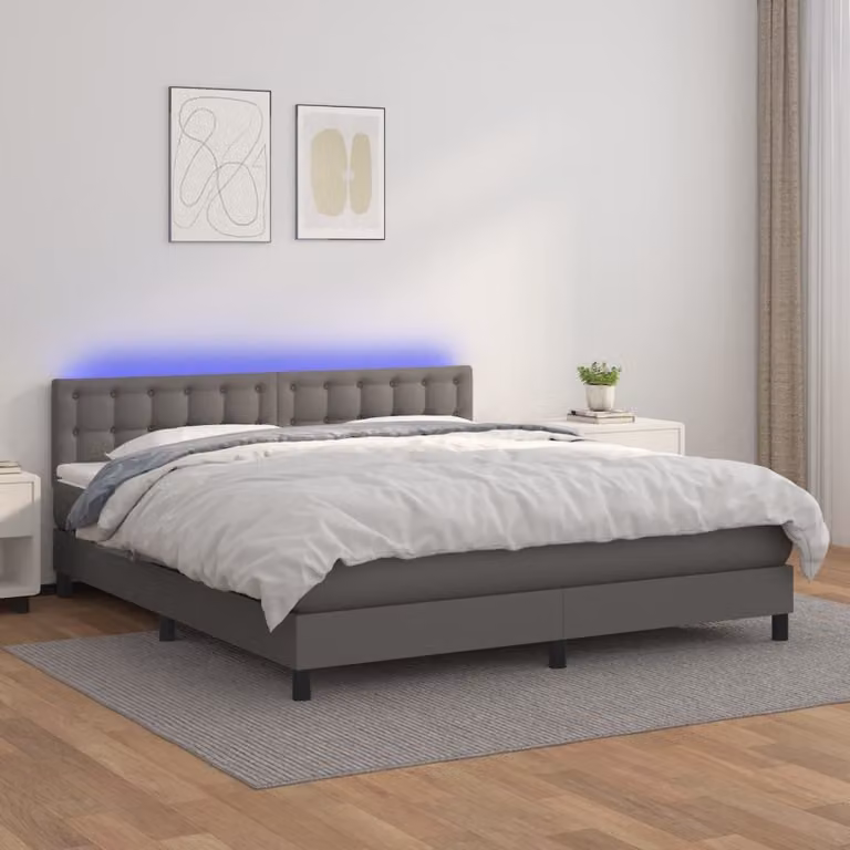 The Living Store Letto a molle con materasso e LED grigio 180x200 cm in ecopelle