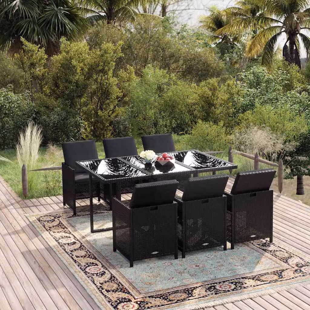 Set da pranzo da giardino vidaXL in polyrattan e vetro nero con 7 pezzi