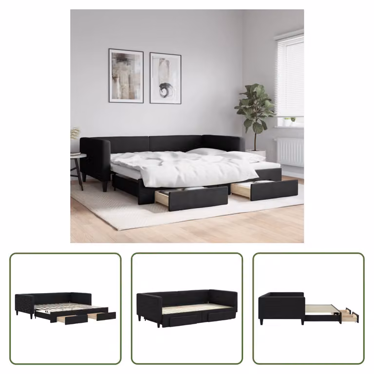 The Living Store Letto da giorno allungabile con cassetti nero 100x200 cm in tessuto