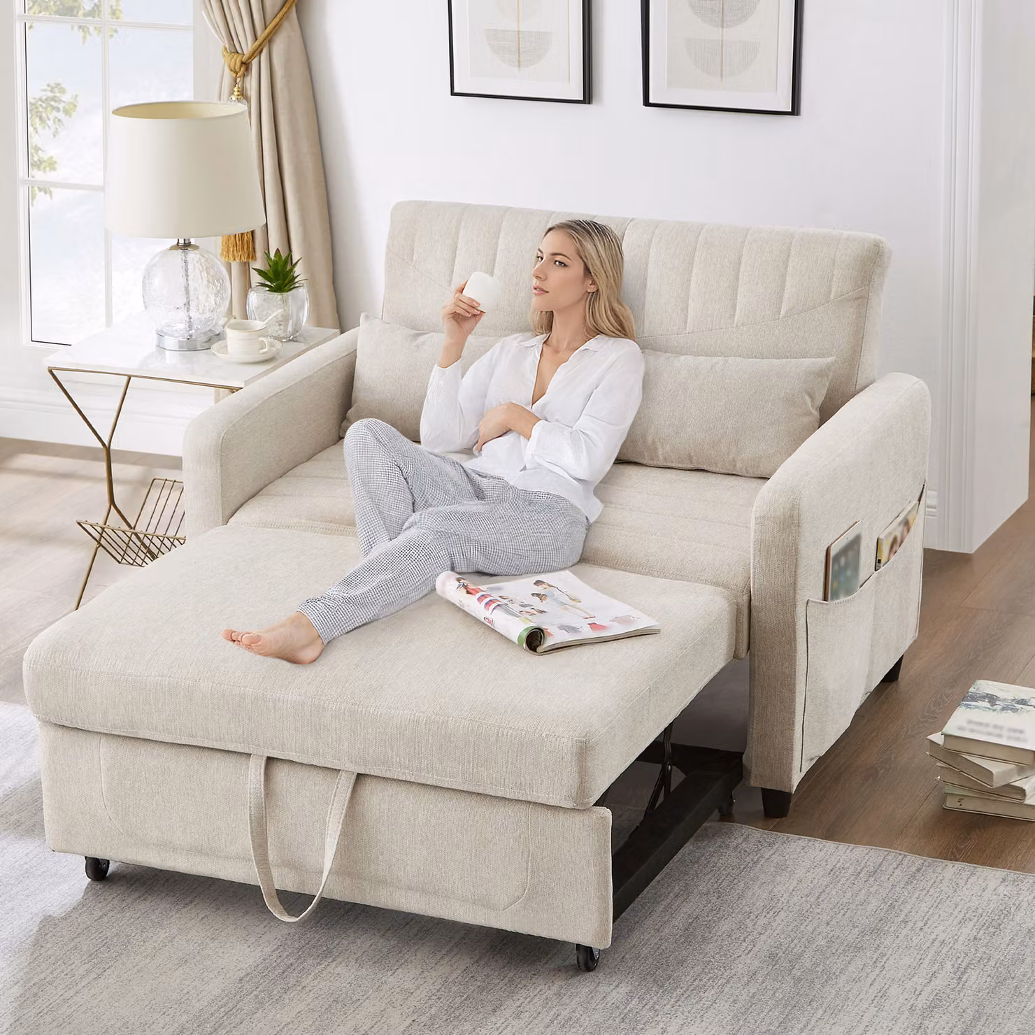 STILVORA Divano letto a due posti con schienale regolabile in tre posizioni, rivestito in tessuto traspirante di cotone e lino, beige