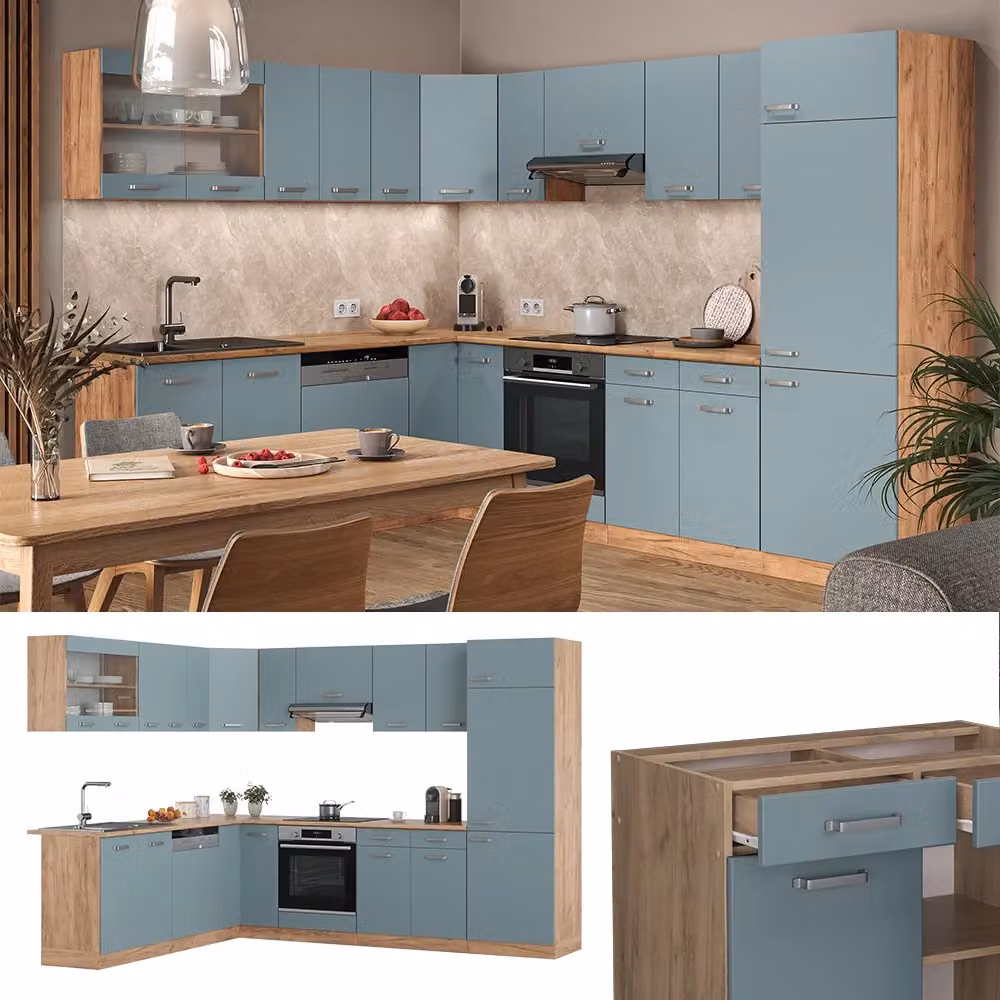 Cucina angolare completa R-Line Vicco Grigio-blu e Rovere dorato 287 x 227 cm – 2