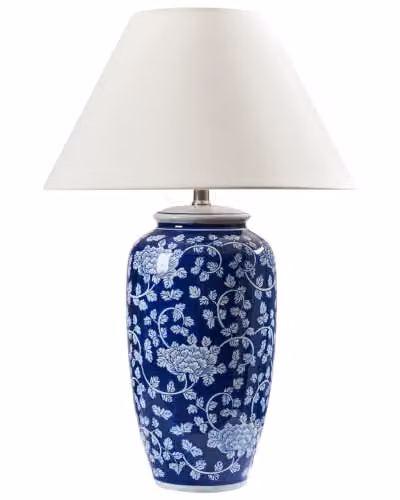 Beliani Lampada da tavolo elegante con design floreale, base in porcellana, paralume cilindrico in lino del blu e bianco