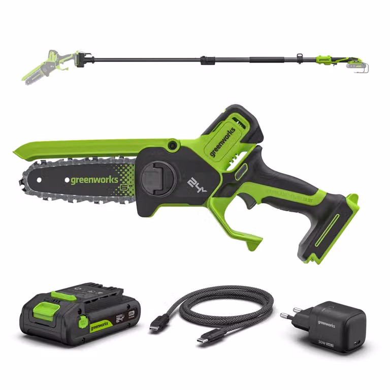 Greenworks POWERALL 24V Mini Motosega 15cm Gen. II con asta di prolunga - Batteria 2Ah