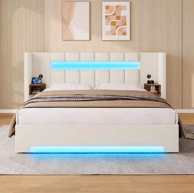 Letto 180x200 cm con contenitore; USB e LED in velluto beige