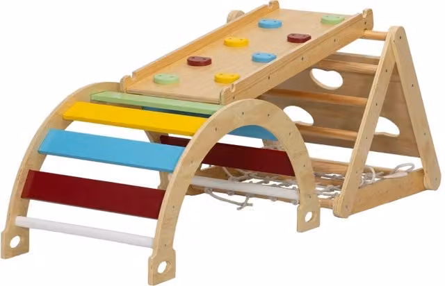 Struttura da arrampicata indoor 7 in 1 WISHDOR con scivolo, arco e rete in legno, multicolore, L: 96 cm, P: 55 cm, H: 21 cm – 1