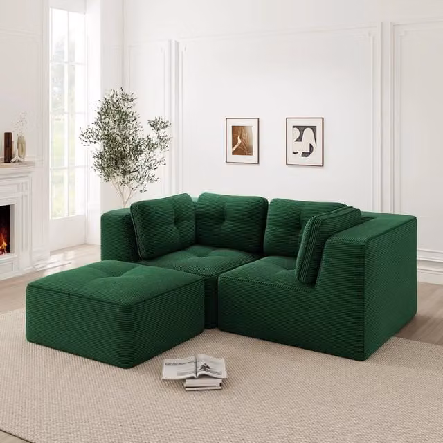 Divano Angolare Modulare 2 Posti con Poggiapiedi ¨C MINIMAL ¨C Tessuto Verde