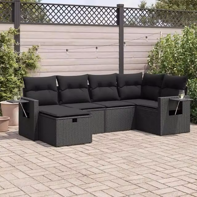 Set Divano da Giardino 6 pz con Cuscini Nero in Polyrattan 3325481