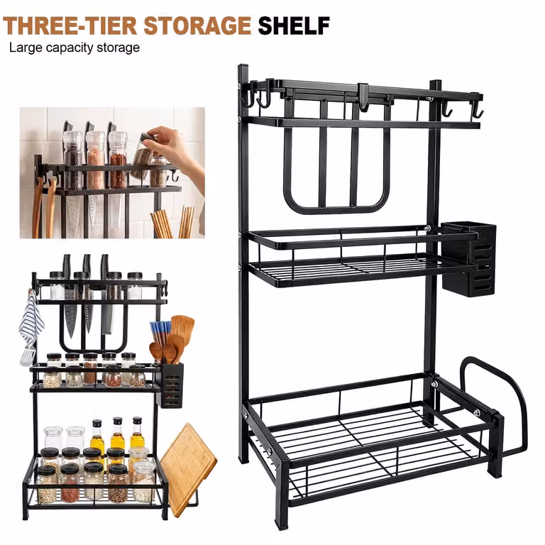 Portaspezie in acciaio inossidabile - Scaffale portaoggetti con 3 ripiani - Porta coltelli - Porta tagliere - Contenitori portaoggetti - 3 ganci - Adatto per cucina e bagno
