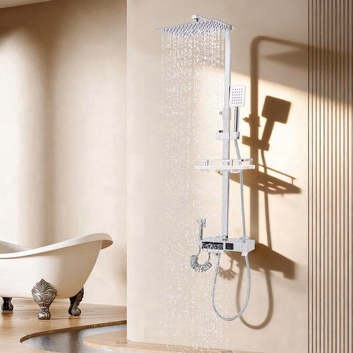 Pannello doccia da parete - Colore argento chiaro - Materiale: ottone - Con display a LED e sistema doccia a pioggia