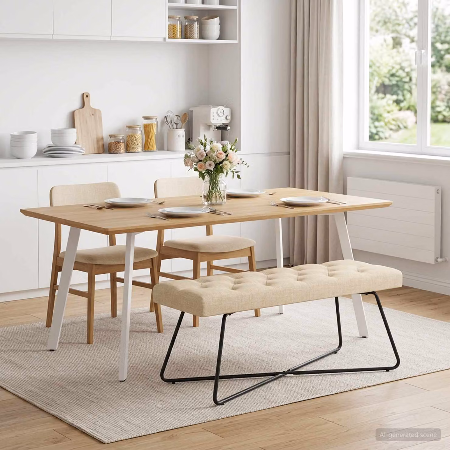 Panchina moderna vidaXL con bottoni imbottiti in tessuto beige L: 110 cm, P: 40 cm, H: 46 cm