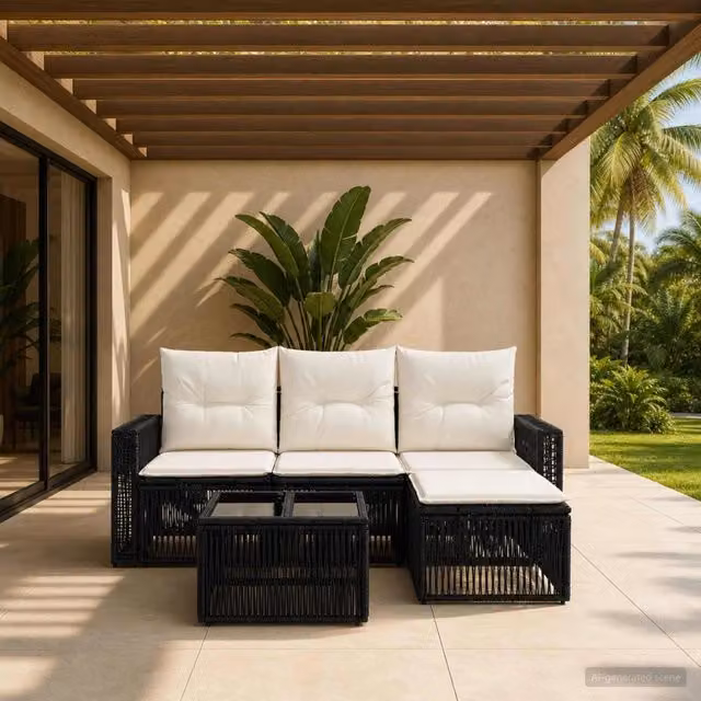 Set Divano da Giardino a L vidaXL 5 Pezzi con Poltrona, Tavolino e Pouf in Polyrattan Nero e Bianco Crema