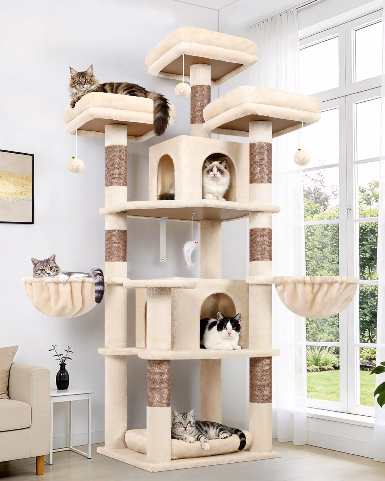 Albero per gatti color beige, altezza 174 cm, con 3 piattaforme, 2 casette, 2 ceste, rivestito in sisal, adatto per 2-4 gatti