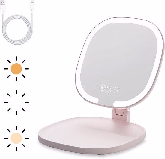 Specchio da trucco da viaggio a LED, ricaricabile, portatile, touchscreen, altissima risoluzione, pieghevole, 3 livelli di luminosità, rosa chiaro
