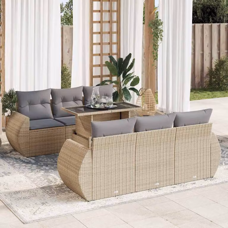 Set di divani da giardino vidaXL in polyrattan con 7 pezzi e cuscini beige