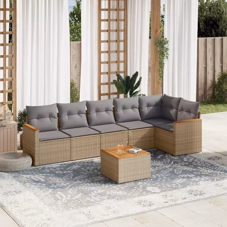vidaXL Set Divani da Giardino 7 pz in Polyrattan con Cuscini Beige e Grigio e Tavolino da Caffè