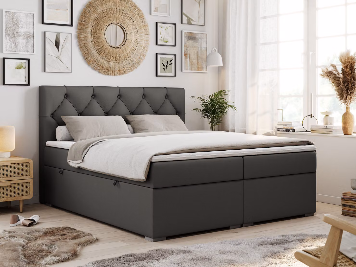 Boxspring con testiera trapuntata ALDA - 160x200 cm - Materasso multipocket H4 | Ecopelle grigia - Topper T25