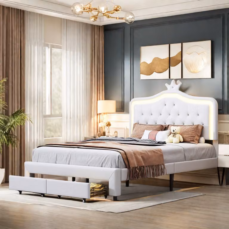 Letto per bambini imbottito 140x200cm con rete a doghe, letto per ragazzi letto per bambini con led, letto singolo con cornice, cassetti, letto in legno classico, PU