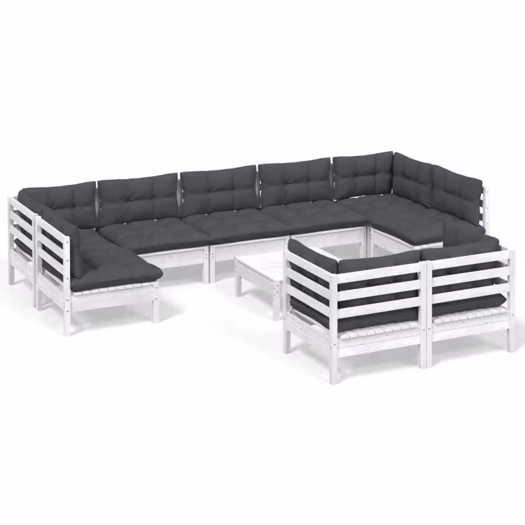 Set Divani da Giardino 10 pz con Cuscini Bianchi Legno di Pino