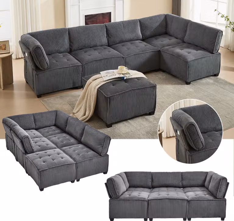 okwish Divano angolare, divano relax, divano a 6 posti con vani portaoggetti, configurazione flessibile a forma di U/L/letto letto, grigio