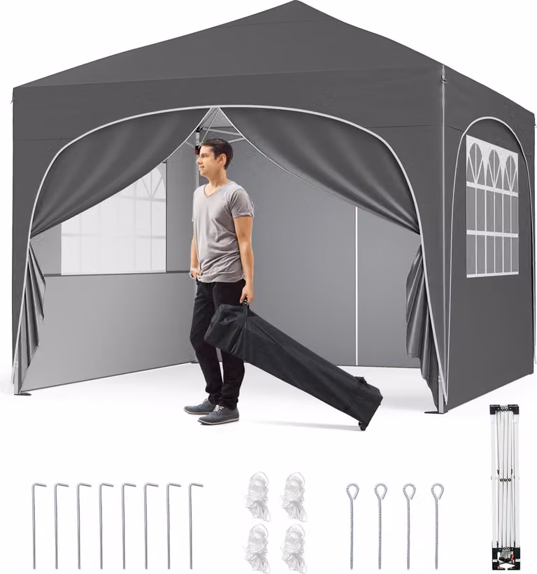 Gazebo pieghevole COSTWAY 3x3 m con 4 pareti laterali rimovibili, gazebo pop-up con protezione UV, idrorepellente, tenda da giardino, gazebo da giardino con borsa, grigio