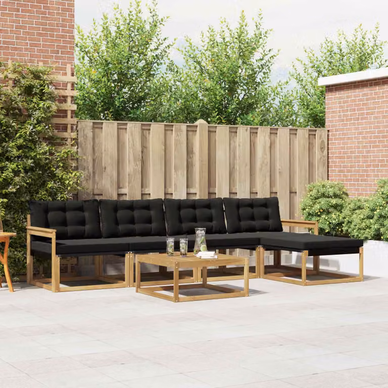 Set di divani da esterno vidaXL 6 pz in legno di acacia con tavolino e pouf, Bianco e Nero