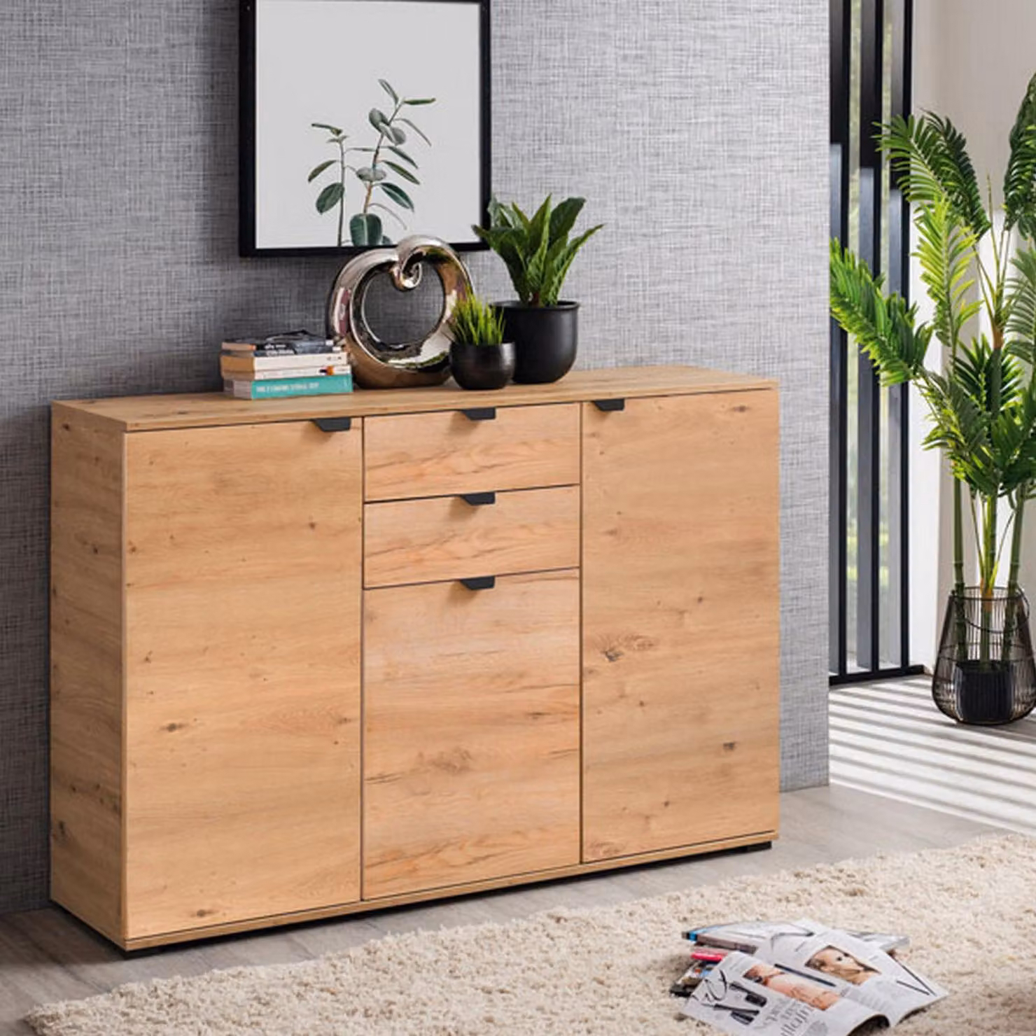 Dmora Cassettiera Mainarda 135x40x95h cm Marrone Rovere Nodi, 2 Cassetti Apertura Battente, Scorrevole