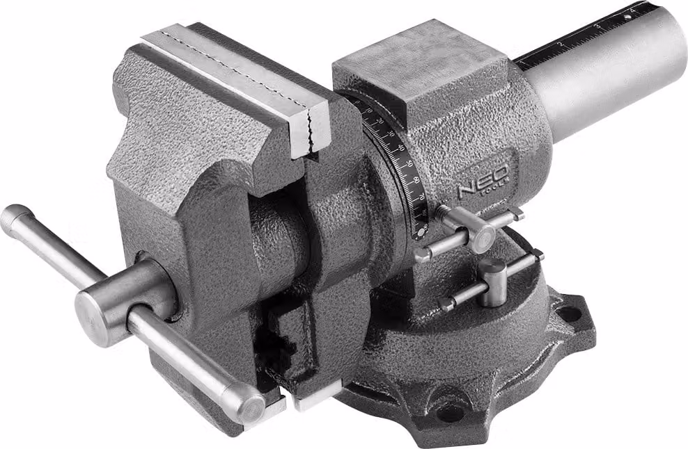 NEO TOOLS Morsa da fabbro rotante 100 mm, 360 gradi, con incudine, due tipi di ganasce per pezzi ovali e regolari. Realizzata in ghisa