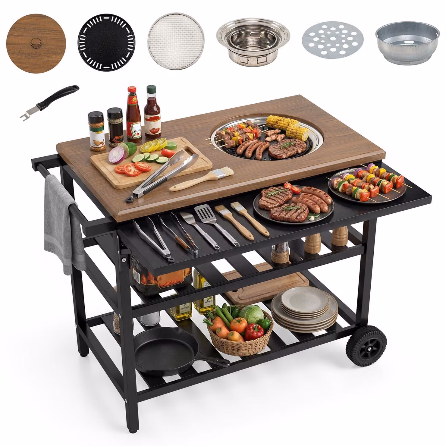 Carrello per barbecue COSTWAY, tavolo per barbecue su ruote, carrello di servizio con barbecue a carbone, tavolino laterale pieghevole, piano di lavoro effetto legno e 2 ripiani, dimensioni 94,5x75x78,5 cm