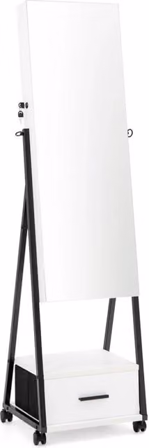 Armadio Portagioie con Specchio a Figura Intera Mobile Portagioielli Bianco con Ruote Bloccabili Cassetto e Serratura Salvaspazio per Casa