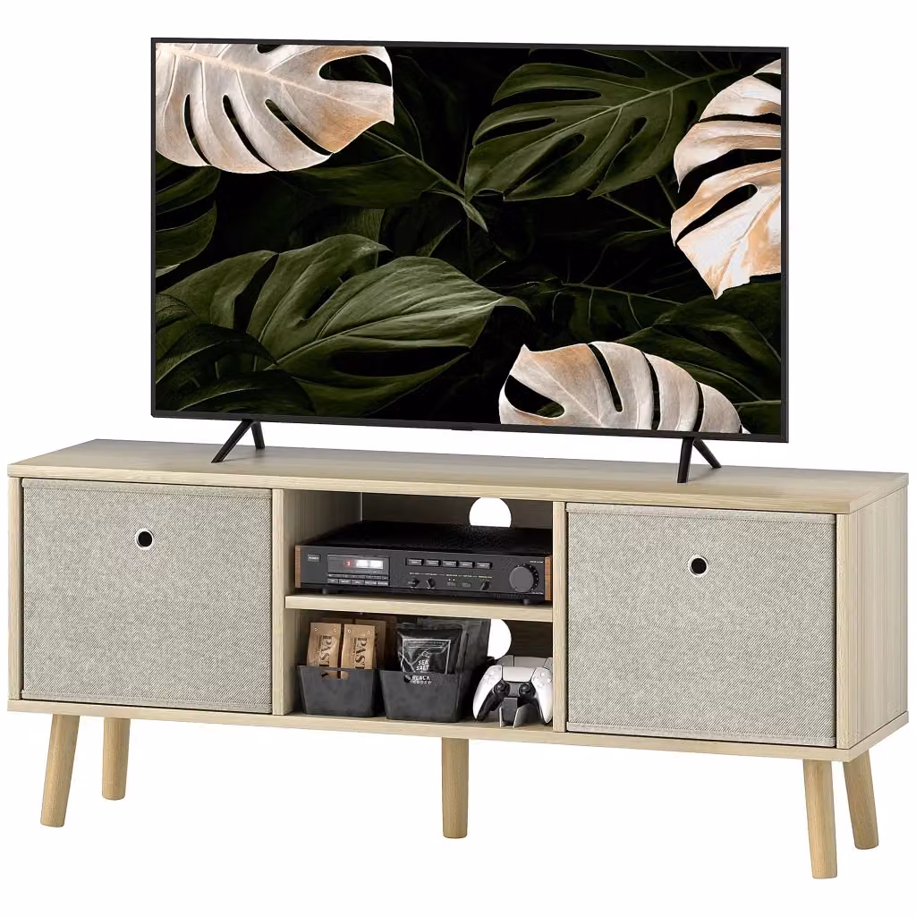 Mobile TV Xylo in legno beige con 2 cassetti e ripiani aperti per schermi fino a 50 pollici L: 110 cm, P: 29 cm, H: 46,5 cm – 2