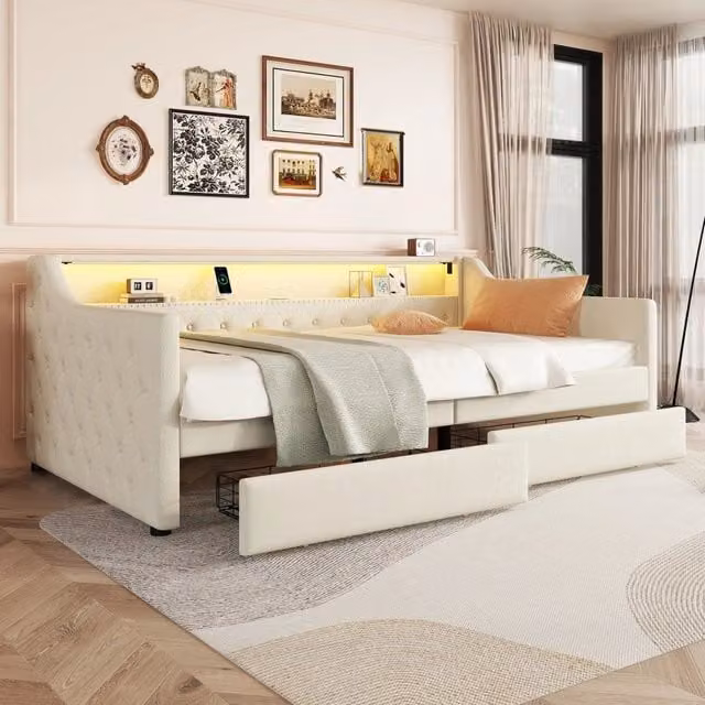 Letto da giorno 90 x 200 cm, divano letto, rete a doghe, senza materasso, luce ambientale con telecomando, due cassetti, presa USB, lino - Beige