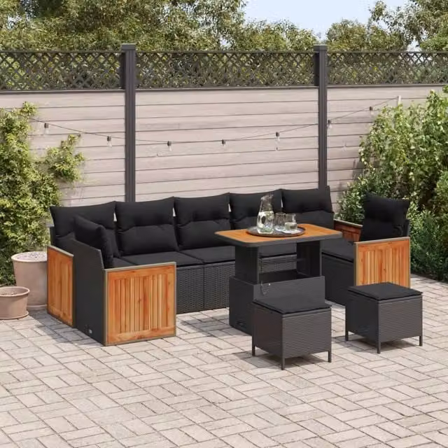 Set Divano da Giardino Moderno vidaXL con 10 Cuscini e Tavolino Nero