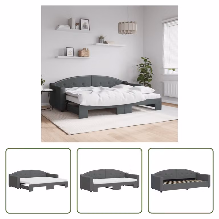 The Living Store Letto da giorno allungabile con materassi grigio scuro 80x200 cm in tessuto